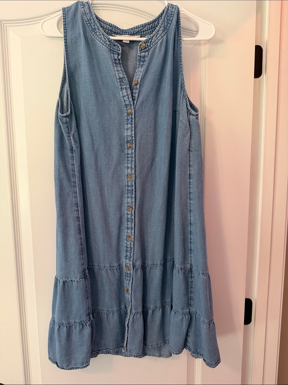 LOFT Light Blue Denim Tiered Button-Front Mini Dress